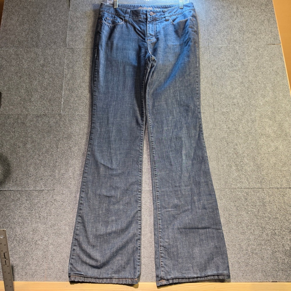 Eddie Bauer Flannel Lined Jeans Women 8 Tall Blue Excellent Plaid Outdoor Work